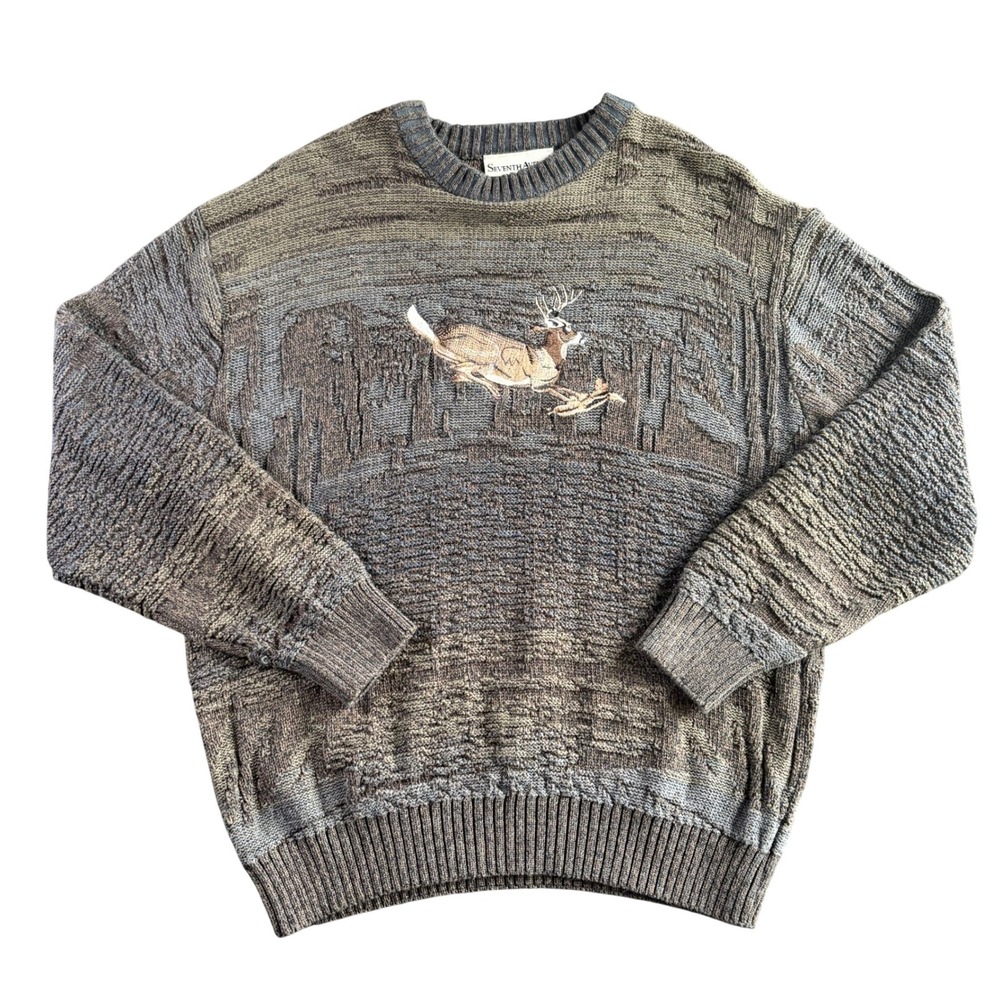 Seventh Avenue Mens Vtg Textured 3D Knit Deer Sweater Earth Tones Large Hunter